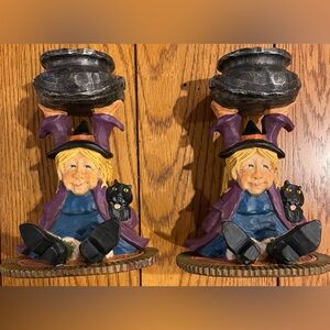 Vintage David Frykman Halloween Witch/cauldron pair of candlesticks